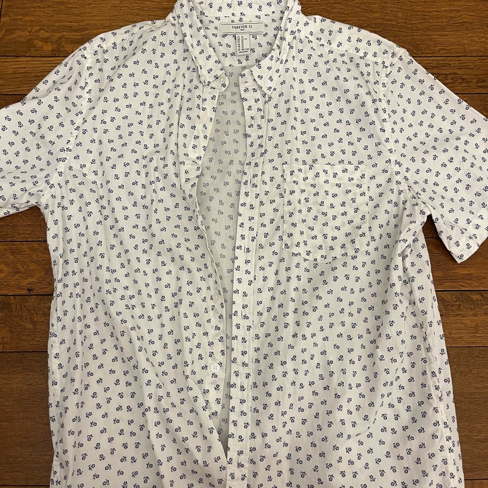 Short-Sleeve White Button-Up Shirt with Navy Microprint